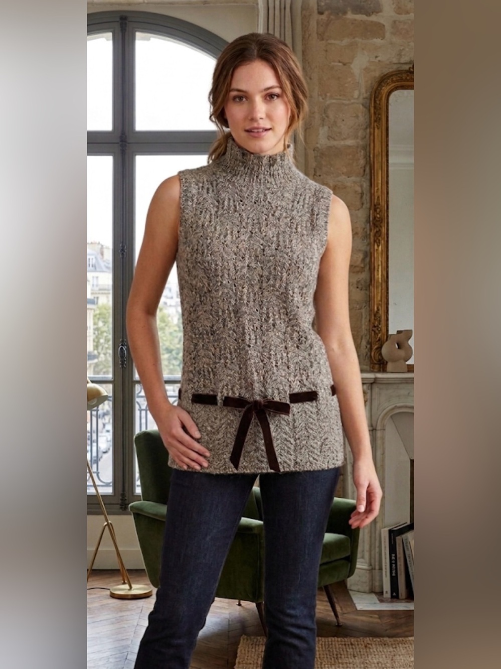 Ann Taylor Petite - Mock Neck Sleeveless Sweater Vest - Cream & Brown - size LP